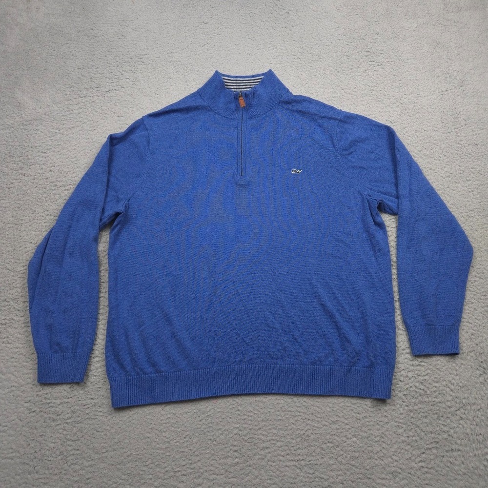 Vineyard Vines Mens XL Blue Cotton Quarter Zip Sweater Whale Logo Pullover